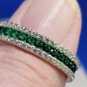 Sterling Silver Band 3 rows Green and White Cubic Zirconia